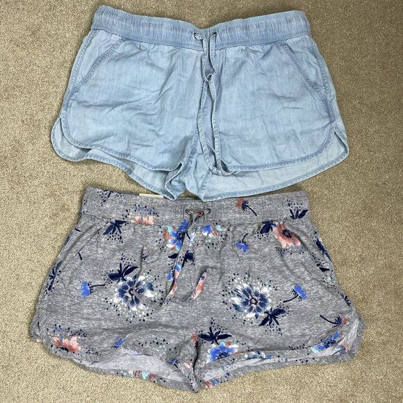 2 NWT‎ SO. Low Rise Soft Shortie Pull On Shorts Juniors L Blue & Gray Floral - Picture 1 of 16
